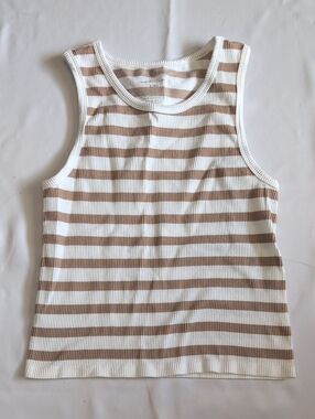Striped Ribbed Tank Top - White & Light Brown